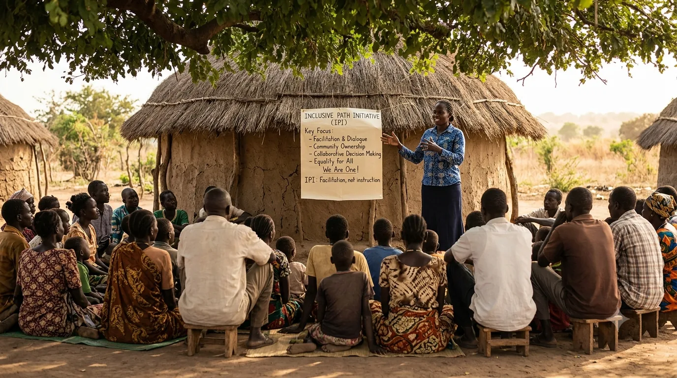 A facilitator working with seated community members outdoors.
