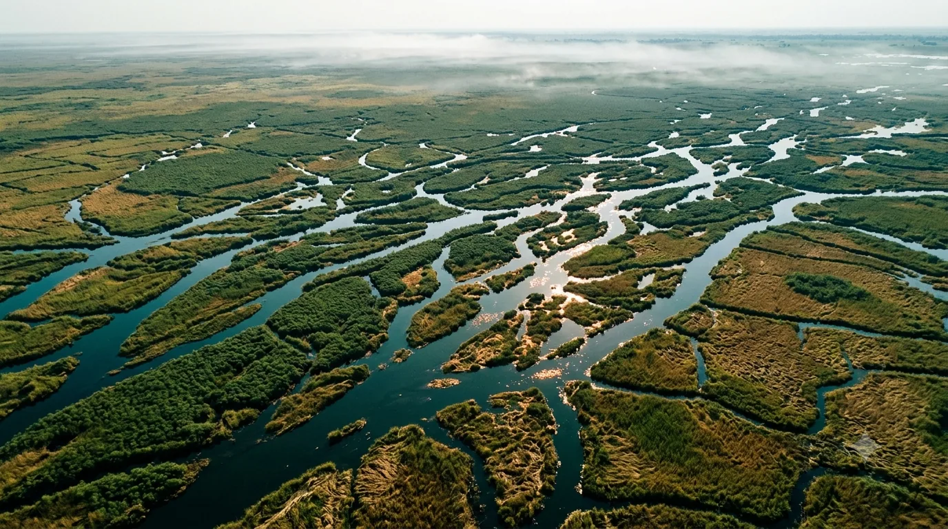 Aerial view of the Sudd wetlands, water channels threading through reed beds.