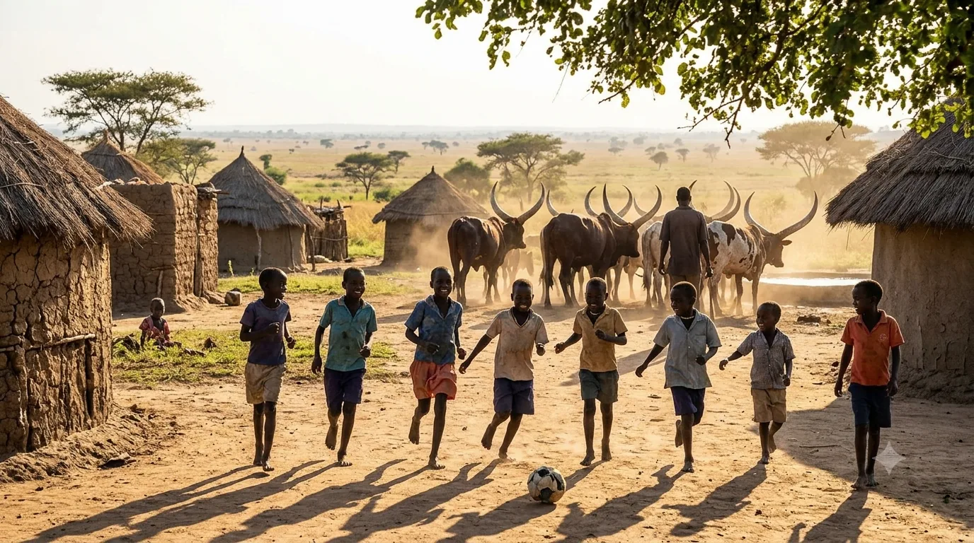 Children playing football at dusk in a South Sudanese village, cattle passing behind them.