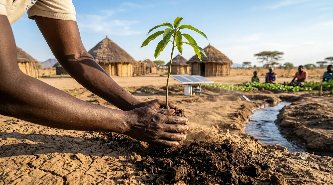 Hands planting a young sapling beside a solar-powered irrigation plot, a village in the background.