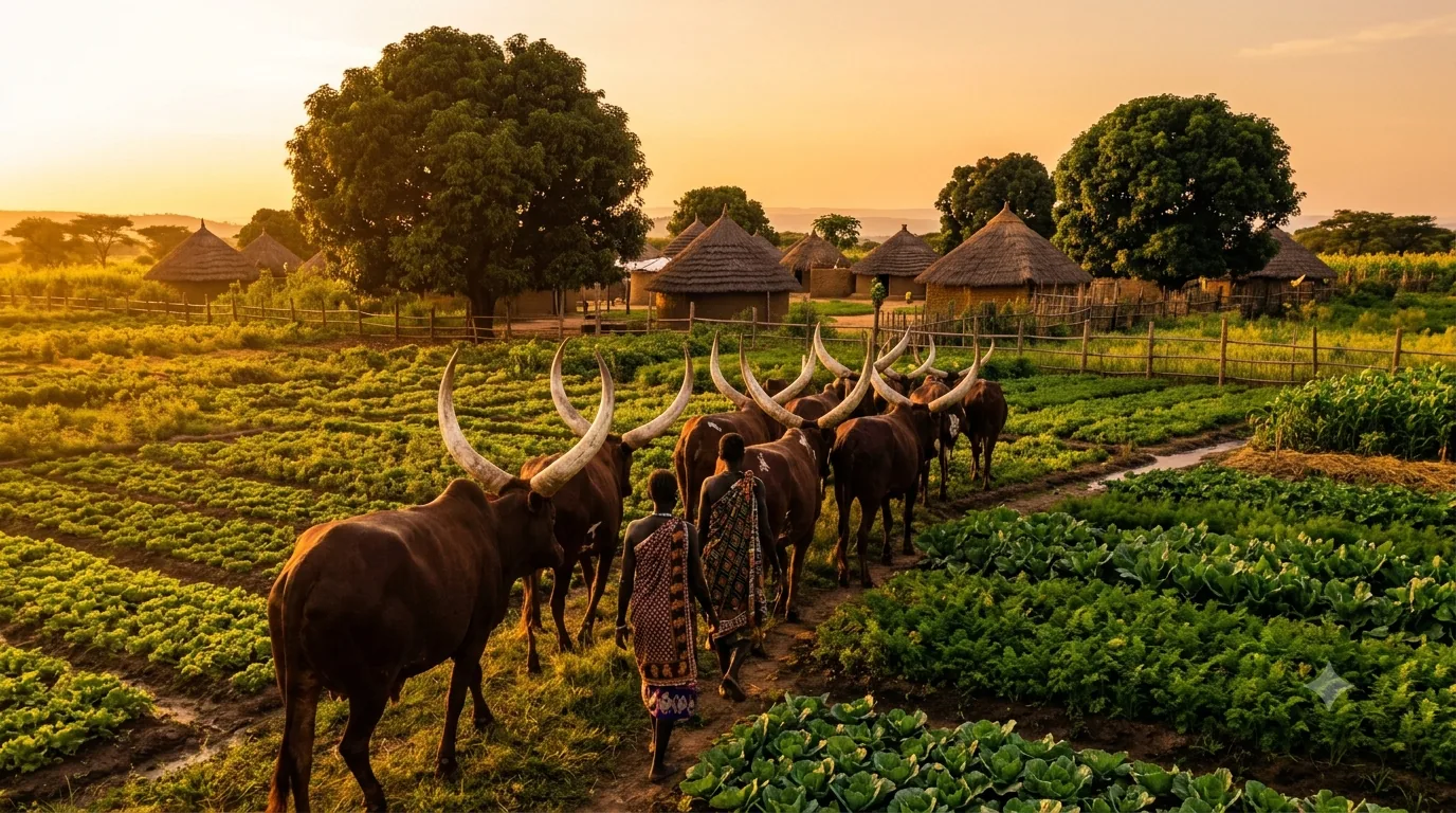 Cattle herded past rows of cultivated vegetables at golden hour, a village beyond.