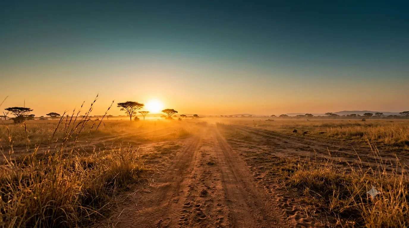 A dirt path running through South Sudanese savannah into the dawn haze.