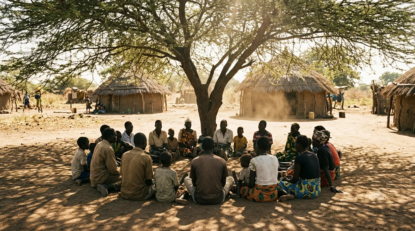 A community gathered in a circle beneath an acacia tree, seen from behind.