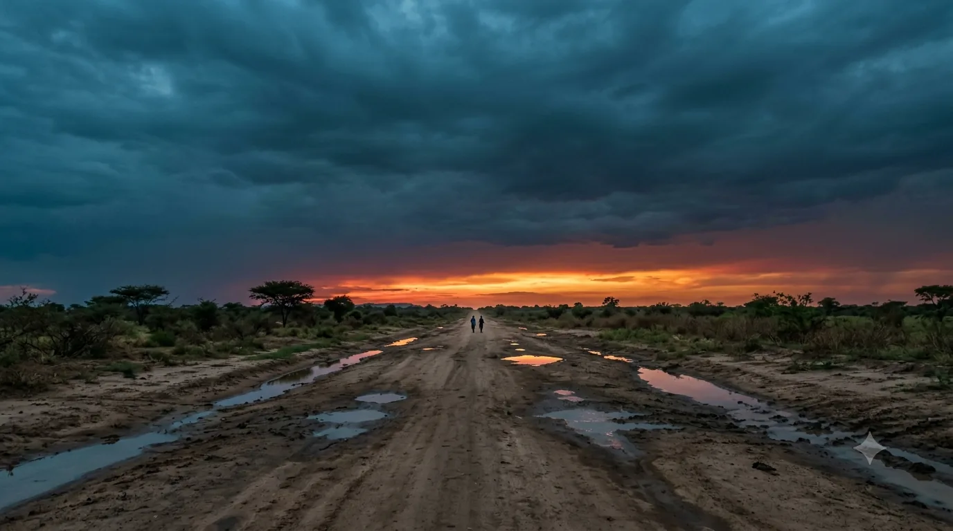 A long dirt road receding toward a storm-lit horizon at dusk.