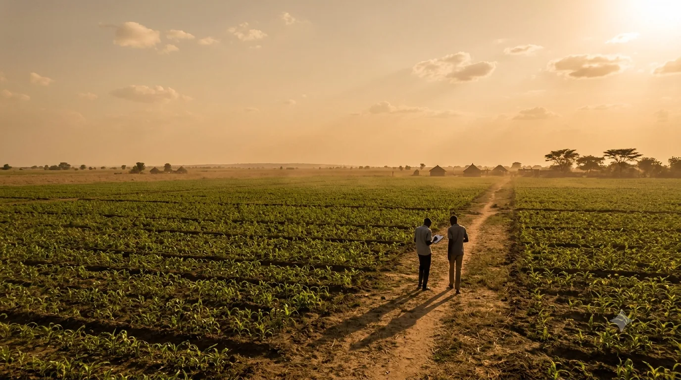 Two people walking a cultivated plot with a clipboard at golden hour.