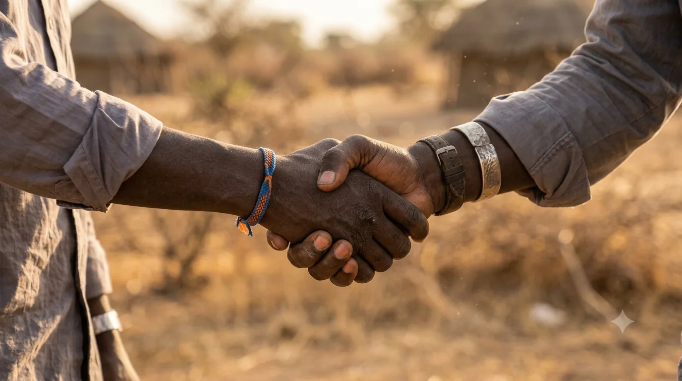 Two people shaking hands in warm outdoor light, framed on hands and forearms.