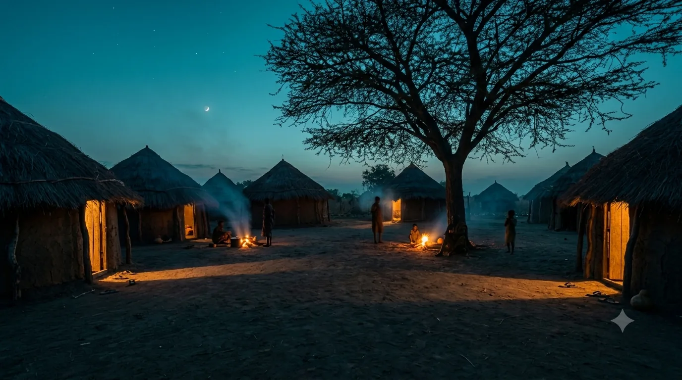 A village at blue hour, lamplight spilling from doorways.