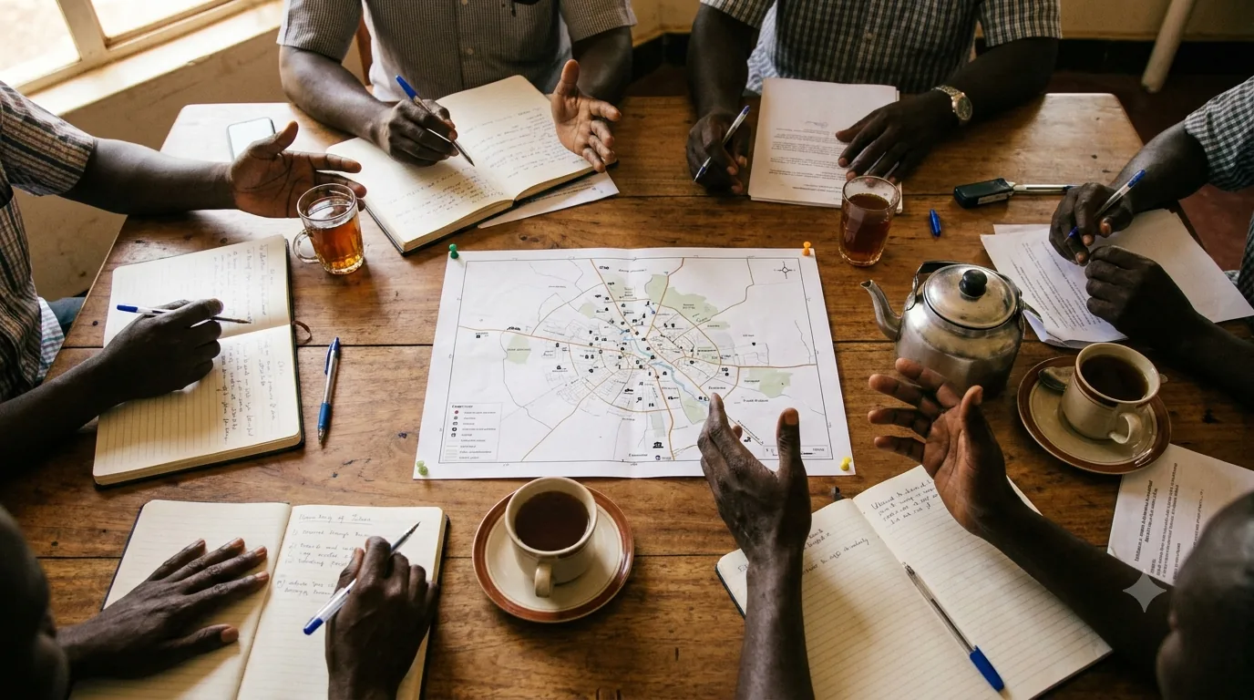 A coordination meeting table seen from above â€” notebooks, a map, hands mid-gesture.