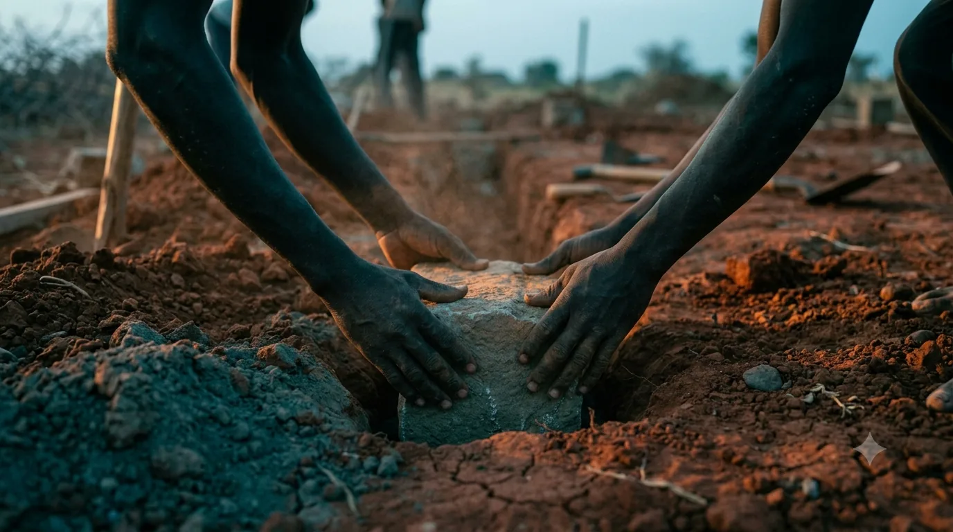 Hands setting a foundation stone into dry earth at sunrise.