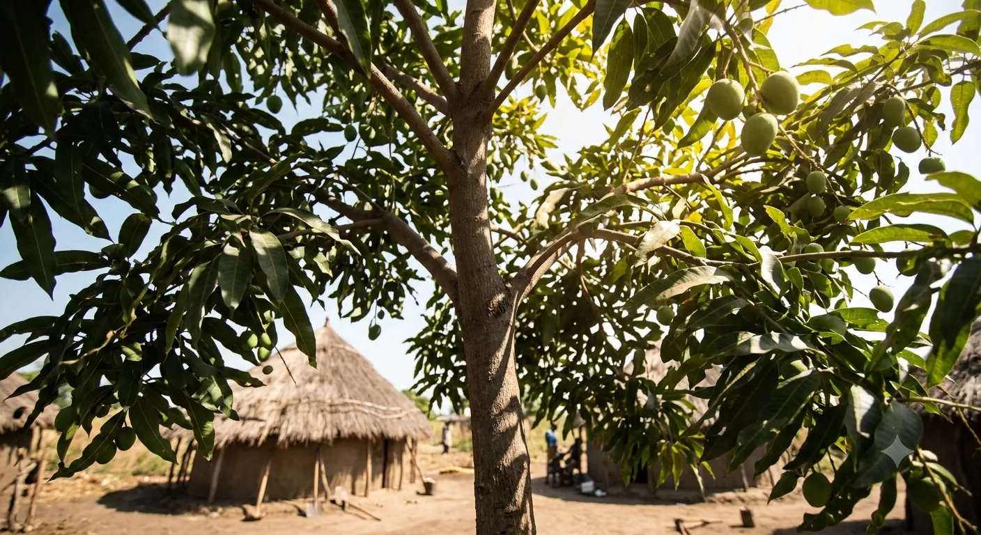 A young mango tree photographed from below through its leaves.