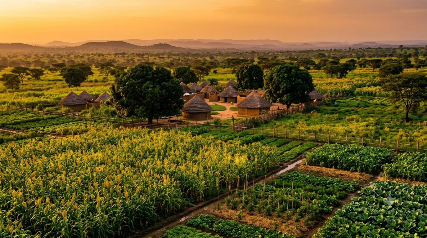 A cultivated field in full growth with a village in the middle distance.