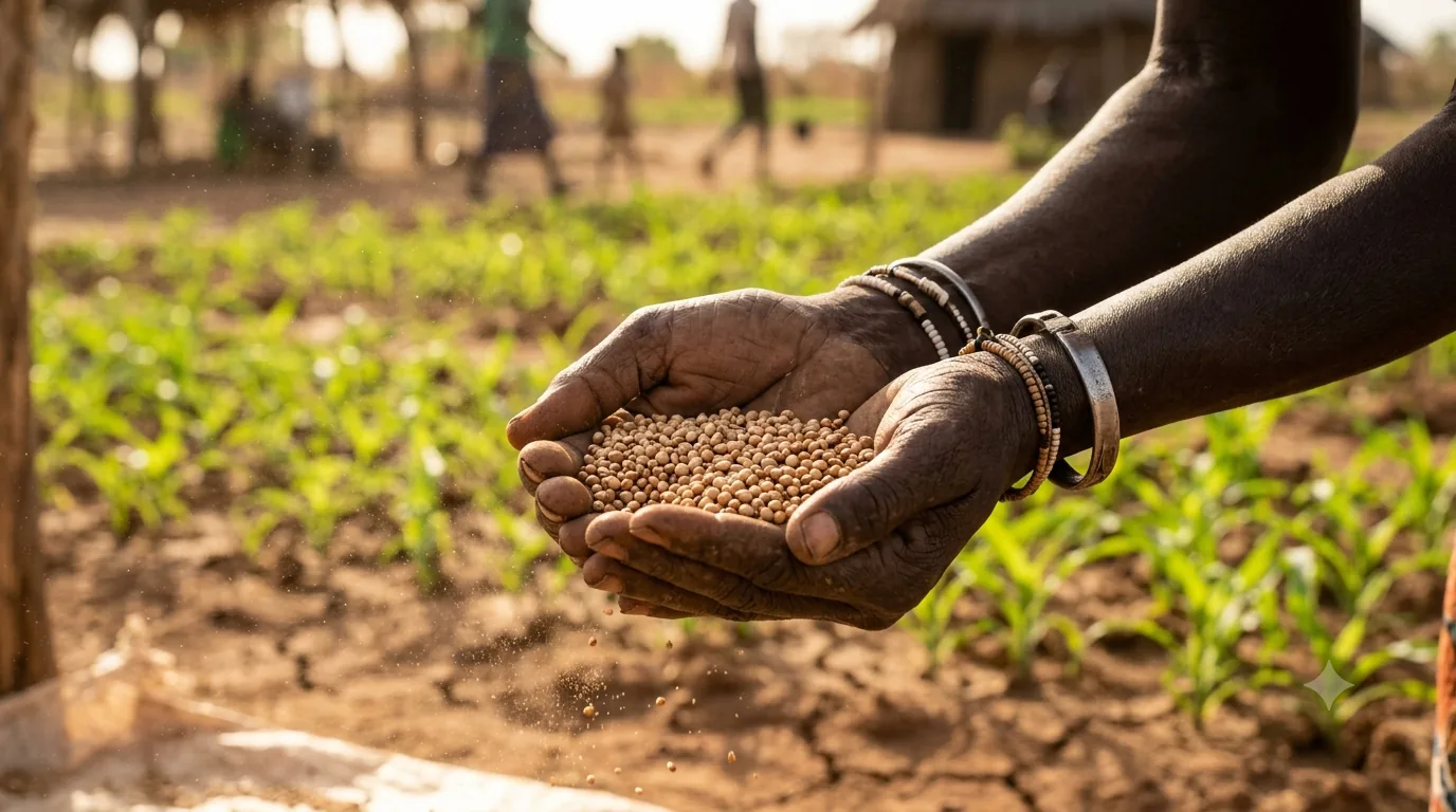 Hands cupping a measure of sorghum grain in warm low light.