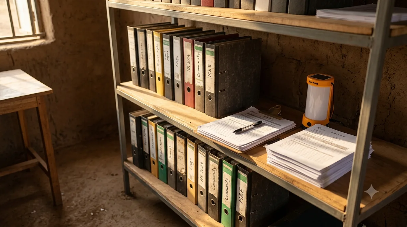 Labelled binders and forms on a shelf in a field office, in raking window light.