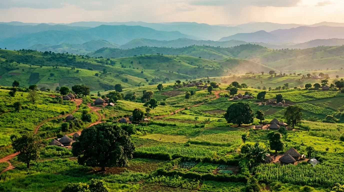 Green hills and cultivated valleys of Central Equatoria in the wet season.