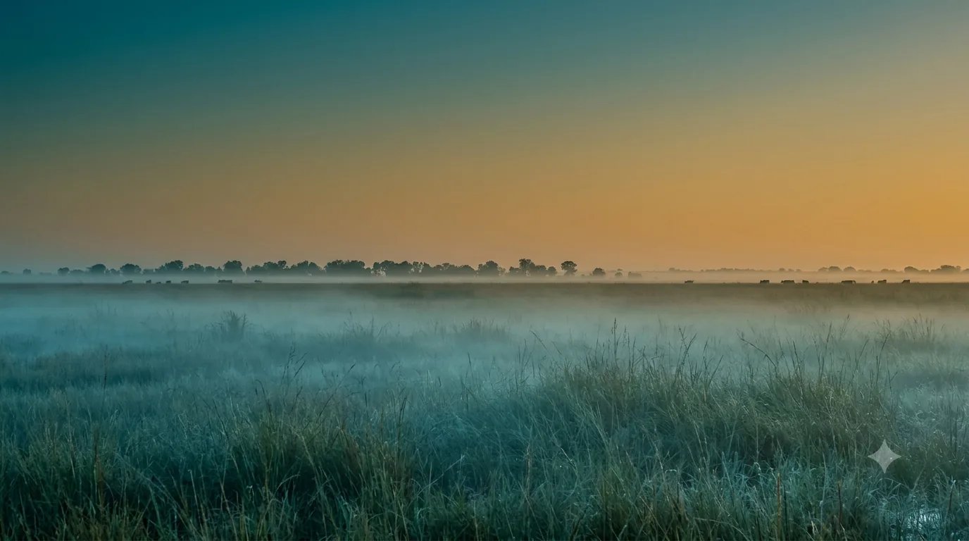 Open floodplain grassland in Jonglei at dawn, mist low over the grass.