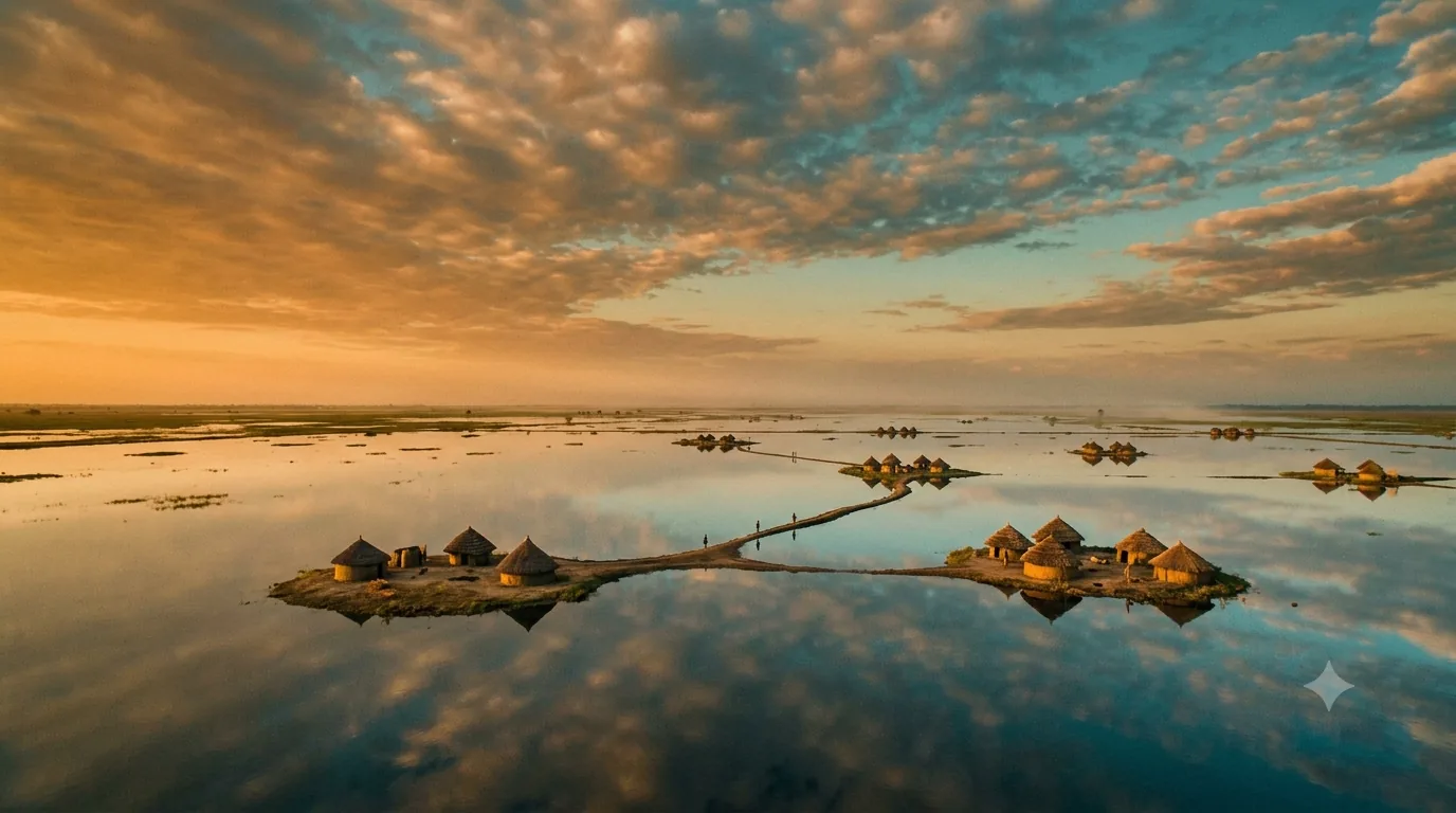 Flooded plains of Unity State reflecting a vast amber and teal sky.